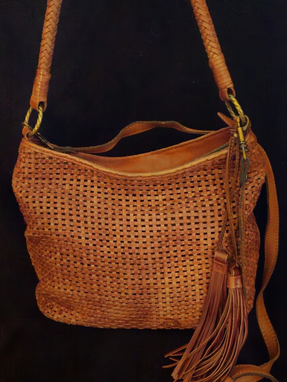 Patricia Nash Woven Hobo Leather Shoulder Bag in Cognac Brown